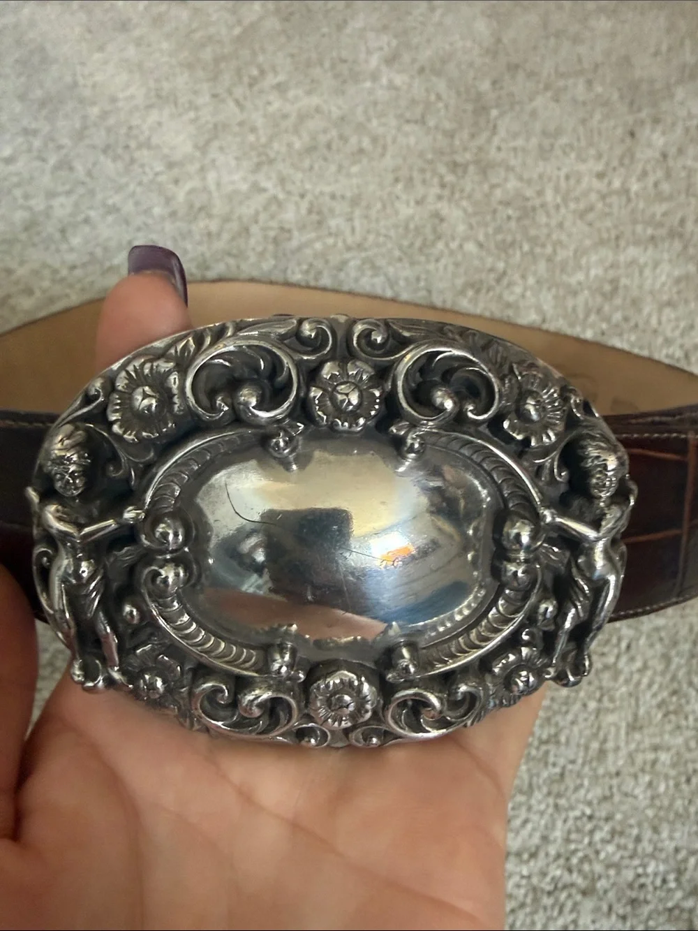 Brown Croc-Embossed Leather Belt with Ornate Silver Buckle